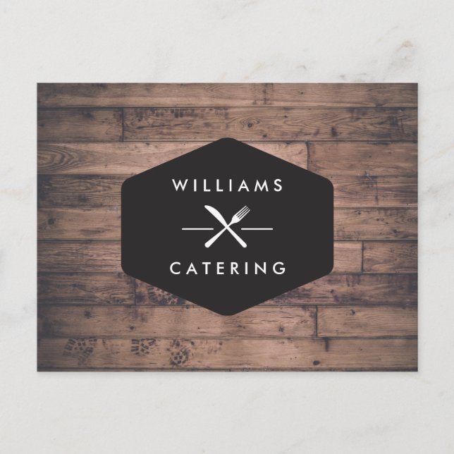 Rustic Fork Knife Catering Logo on Distressed Wood Postcard (Front)