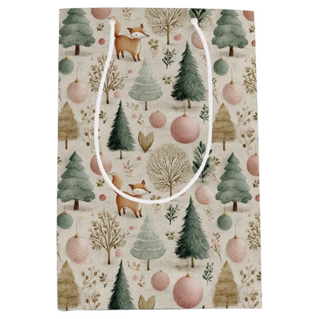 Rustic Fox and Christmas Tree with Pastel Ornament Medium Gift Bag (Front)