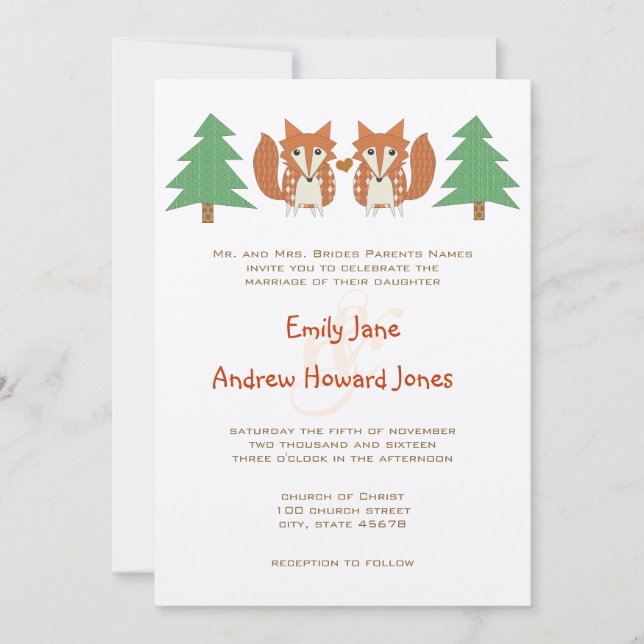 Rustic Fox and Pine Tree Wedding Invitation (Front)