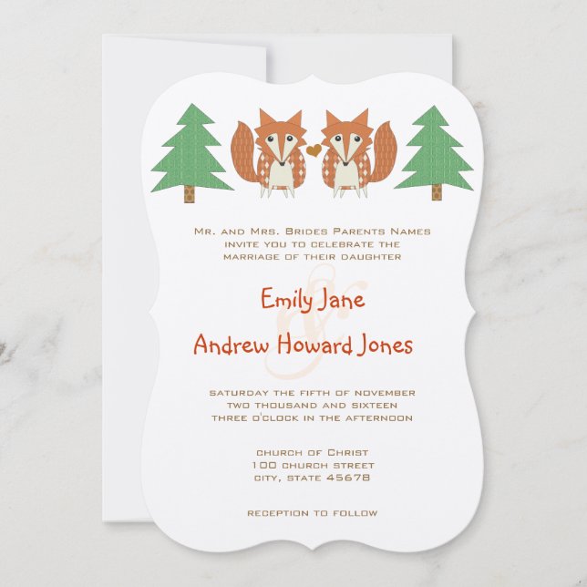 Rustic Fox and Pine Tree Wedding Invitation (Front)