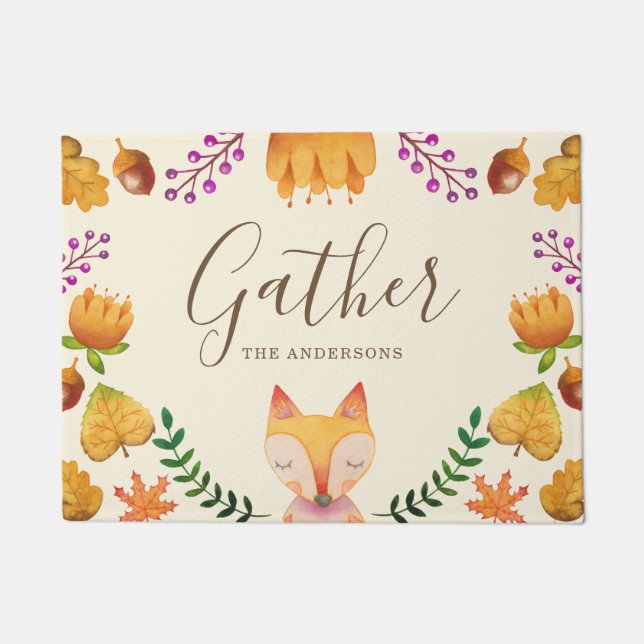 Rustic Fox Autumn Foliage Personalised Doormat (Front)