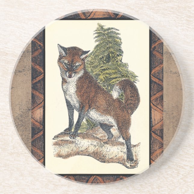 Rustic Fox Stepping on a Tree Trunk Coaster (Front)