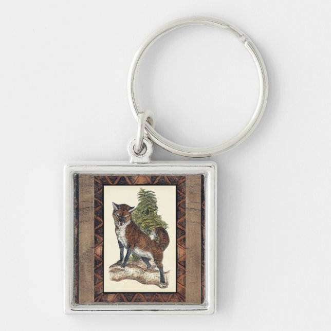 Rustic Fox Stepping on a Tree Trunk Key Ring (Front)