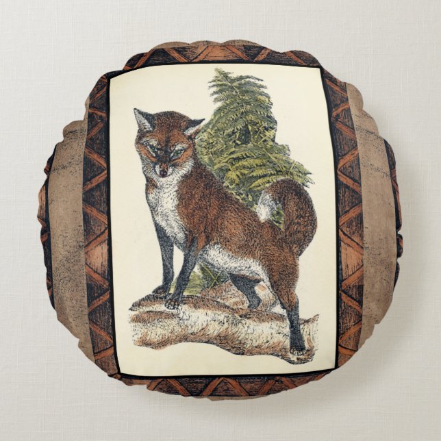 Rustic Fox Stepping on a Tree Trunk Round Cushion (Front)