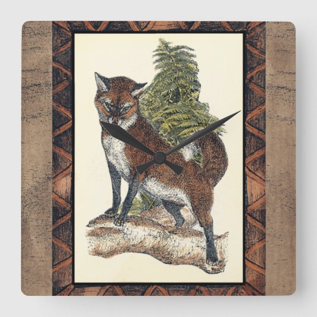 Rustic Fox Stepping on a Tree Trunk Square Wall Clock (Front)