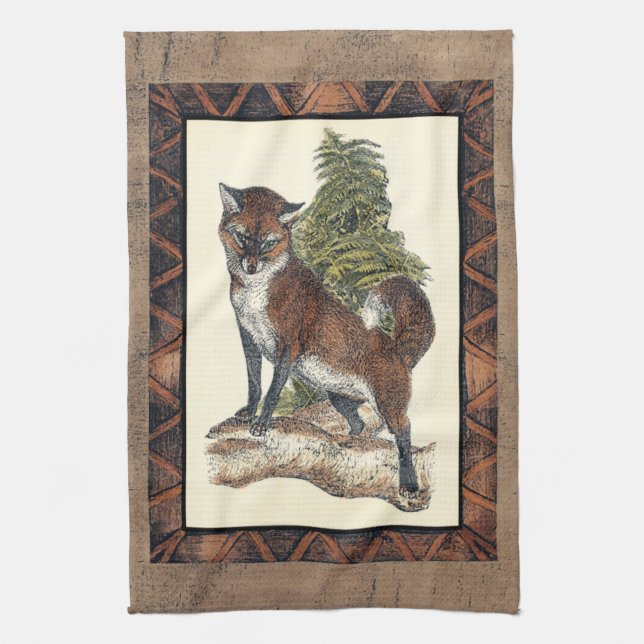 Rustic Fox Stepping on a Tree Trunk Tea Towel (Vertical)