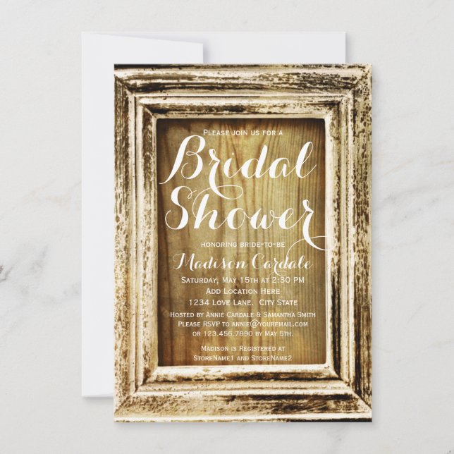 Rustic Frame Barn Wood Bridal Shower Invitations (Front)