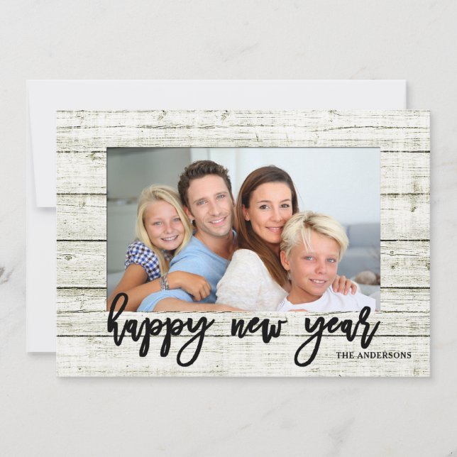 Rustic Frame Happy New Year Script Holiday Photo Card (Front)