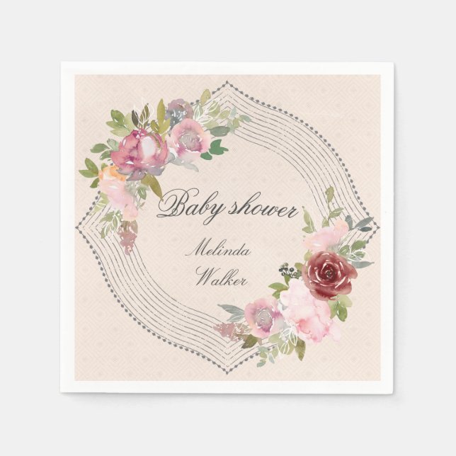 rustic frame pink burgundy floral baby shower napkin (Front)