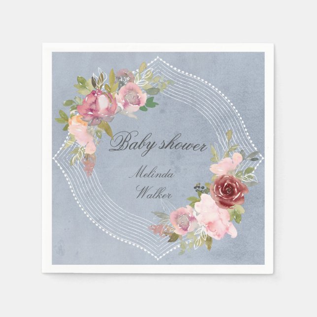 rustic frame pink burgundy floral baby shower napkin (Front)