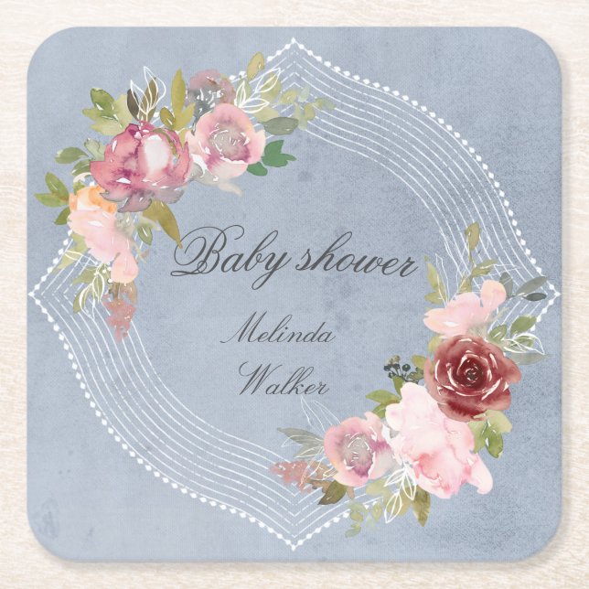 rustic frame pink burgundy floral baby shower square paper coaster (Front)