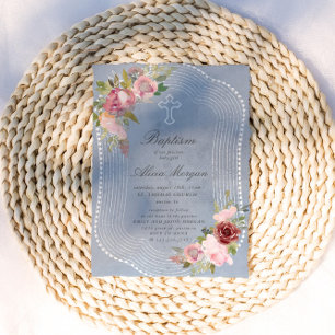 Rustic Frame Pink Burgundy Floral Baptism Invitation