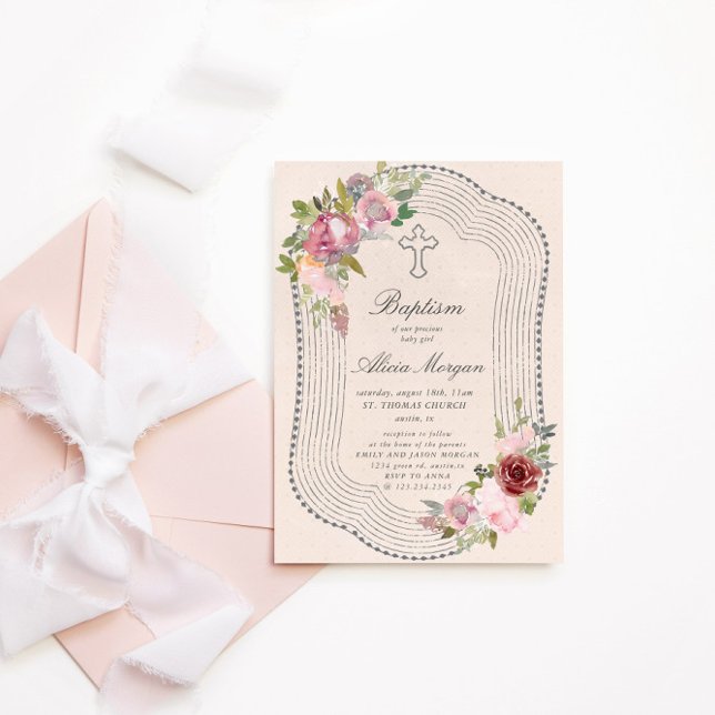 Rustic Frame Pink Burgundy Floral Baptism Invitation (Creator Uploaded)