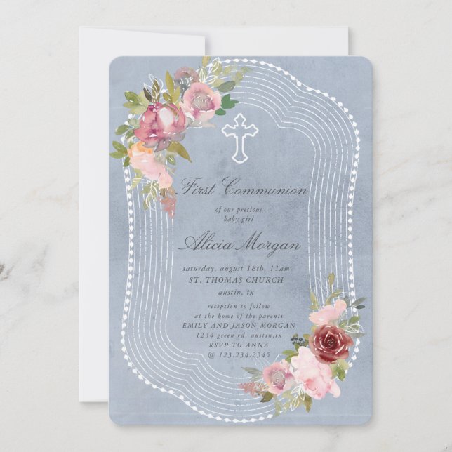 rustic frame pink burgundy floral first communion invitation (Front)