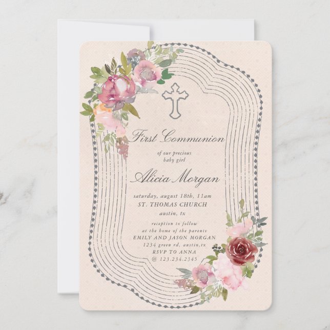 rustic frame pink burgundy floral first communion invitation (Front)
