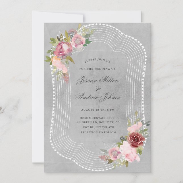 rustic frame soft pink burgundy floral wedding invitation (Front)