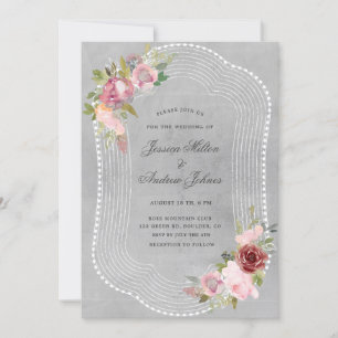 rustic frame soft pink burgundy floral wedding invitation
