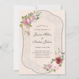 rustic frame soft pink burgundy floral wedding invitation
