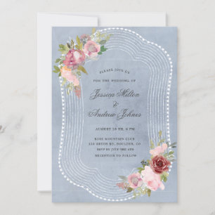 rustic frame soft pink burgundy floral wedding invitation