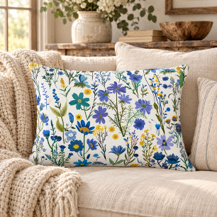 Rustic French Blue Garden Wildflowers Decorative Cushion