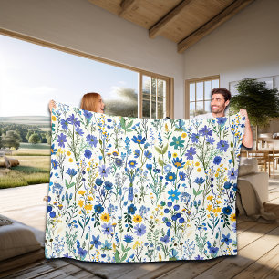 Rustic French Blue Garden Wildflowers Fleece Blanket