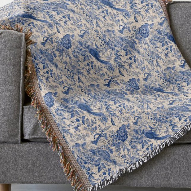 Rustic French Country Blue Toile de Jouy Throw Blanket (Rustic French Country Blue Toile de Jouy Throw Blanket by Graphic Allusions)