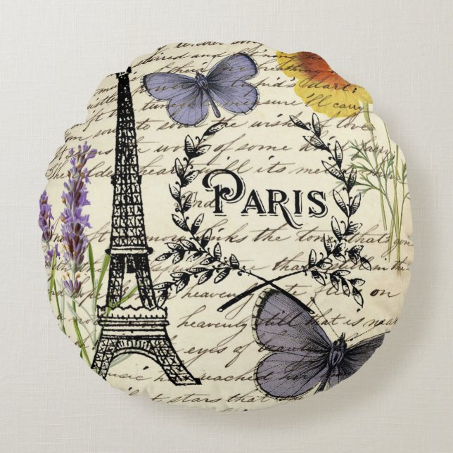 rustic french country scripts paris eiffel tower round cushion (Front)