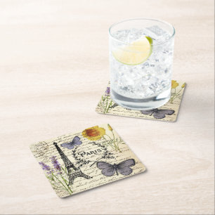 rustic french country scripts paris eiffel tower square paper coaster