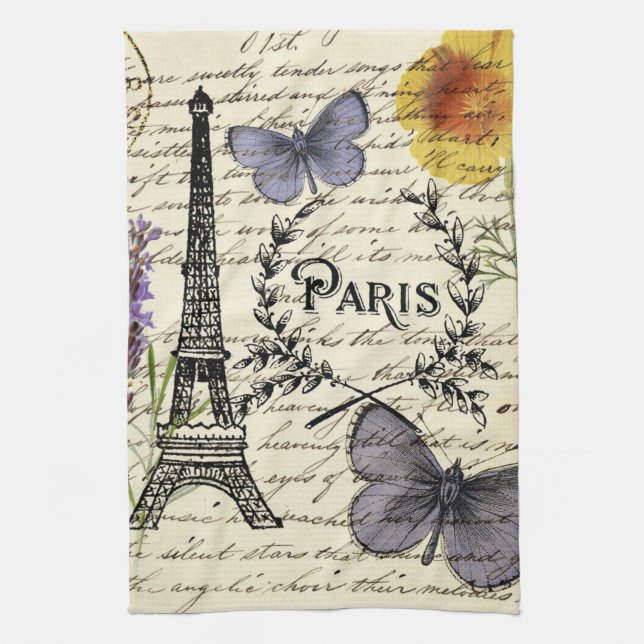 rustic french country scripts paris eiffel tower tea towel (Vertical)
