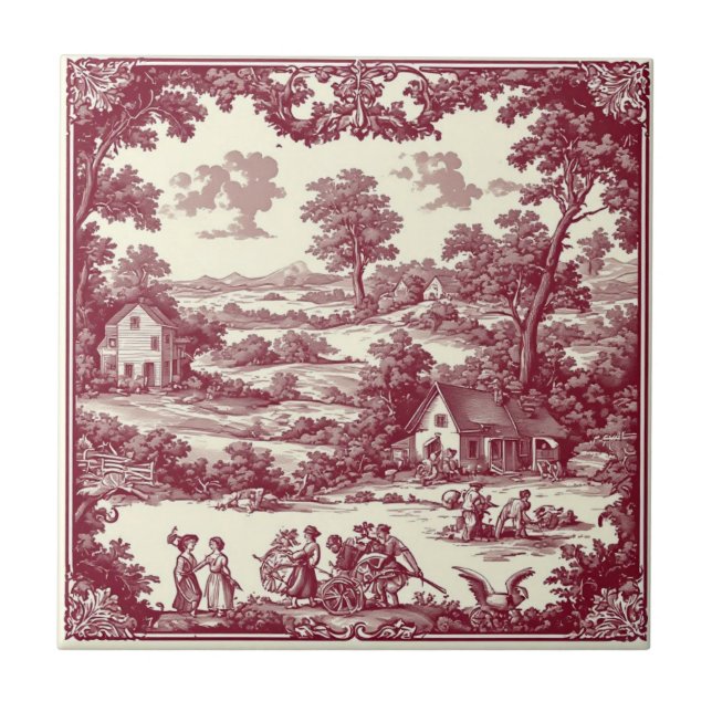 Rustic French Countryside Pastoral Scene Burgundy Tile (Front)