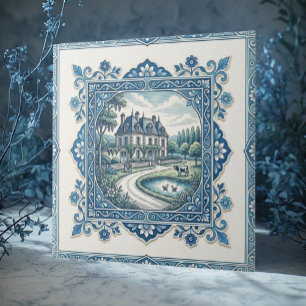 Rustic French Toile De Jouy Vintage Distressed Art Tile