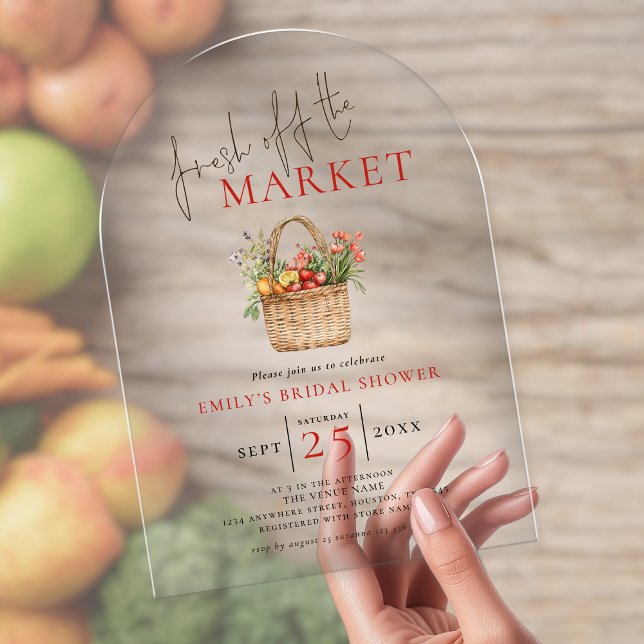 Rustic Fresh off The Market Bridal Shower Acrylic Invitations (Closer view)
