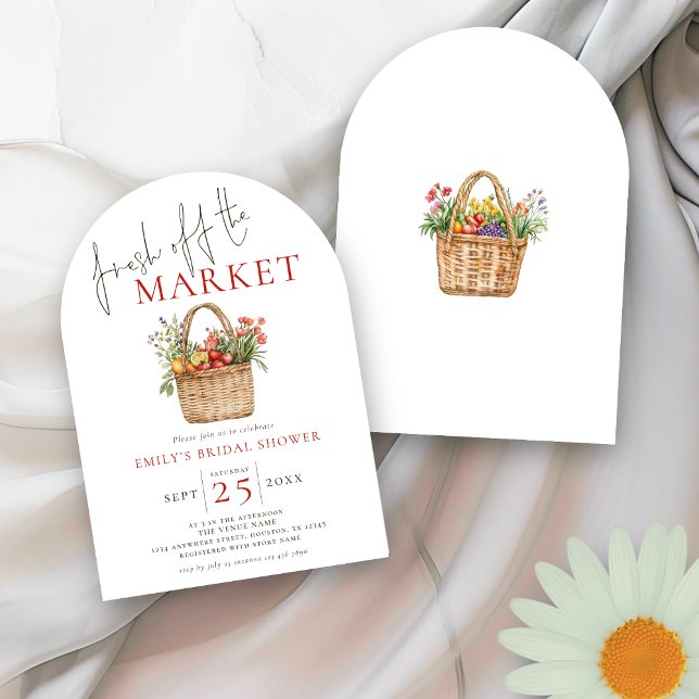 Rustic Fresh off the Market Bridal Shower Arch Invitation (Front and back view)
