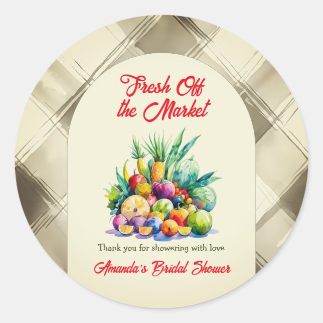 Rustic Fresh Off the Market Fruit Bridal Shower Classic Round Sticker (Front)
