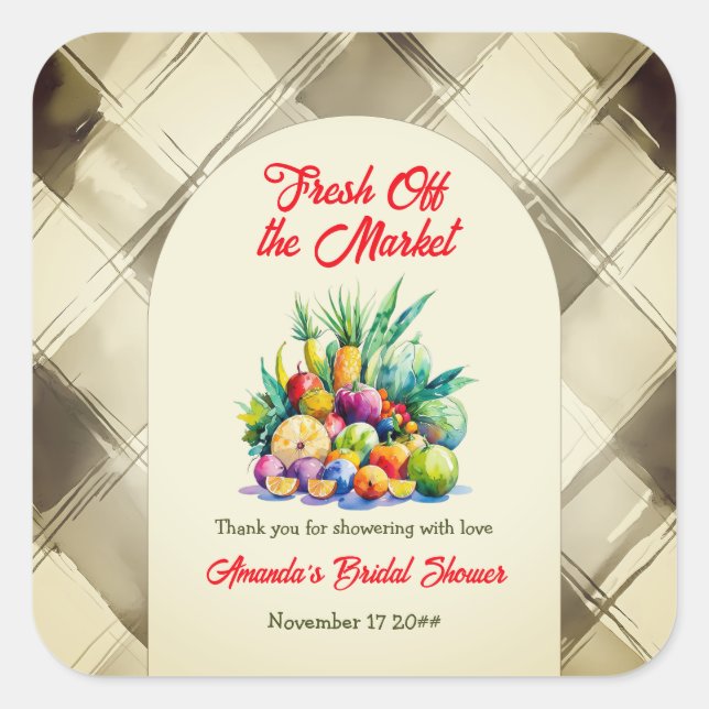 Rustic Fresh Off the Market Fruit Bridal Shower Square Sticker (Front)