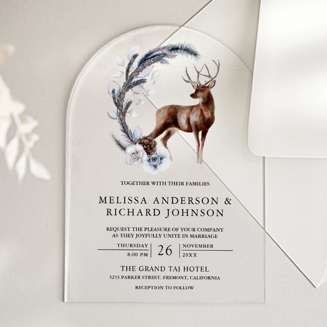 Rustic Frosted Pine Leaves Forest Deer Wedding Acrylic Invitations (Creator Uploaded)