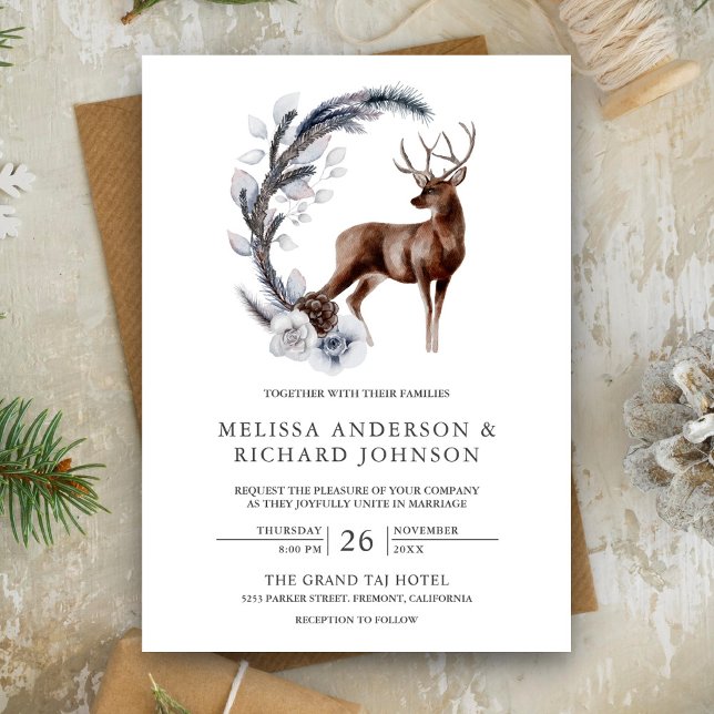 Rustic Frosted Pine Leaves Forest Deer Wedding Invitation (Creator Uploaded)