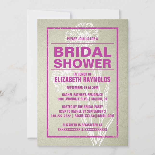 Rustic Fuchsia Bridal Shower Invitations (Front)