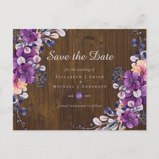 Rustic Fuchsia Floral Woodland Wedding Postcard (Front)