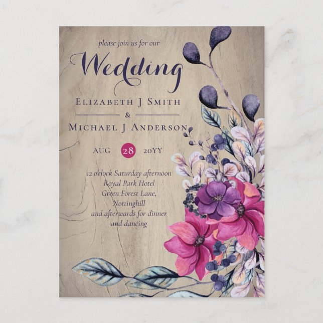 Rustic Fuchsia Floral Woodland Wedding Postcard (Front)
