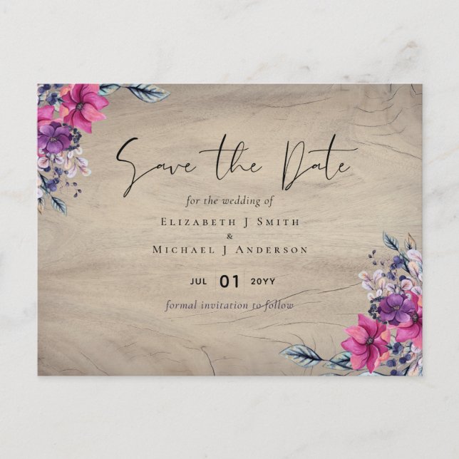 Rustic Fuchsia Floral Woodland Wedding Save Dates Postcard (Front)
