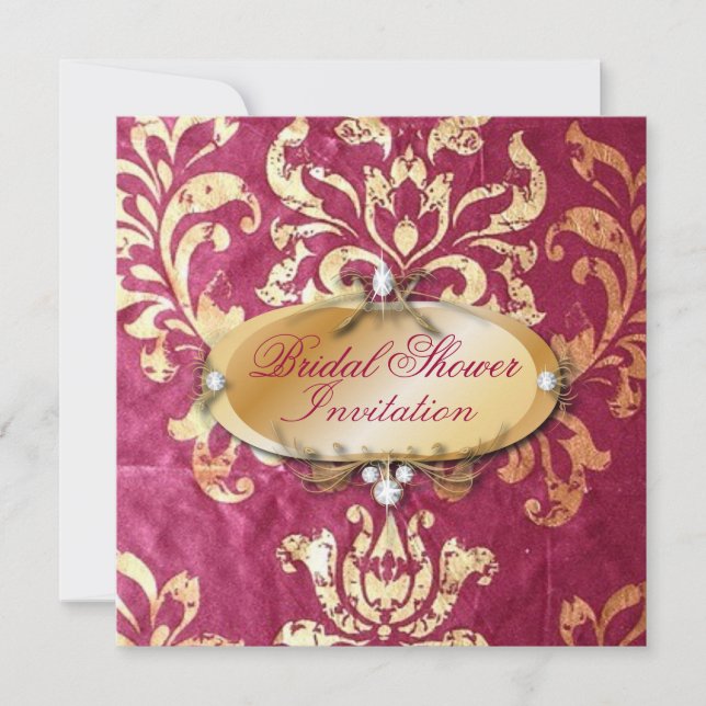 rustic fuchsia gold damask wedding invitation (Front)