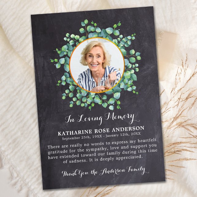 Rustic Funeral Eucalyptus Greenery Photo Sympathy Thank You Card (Creator Uploaded)