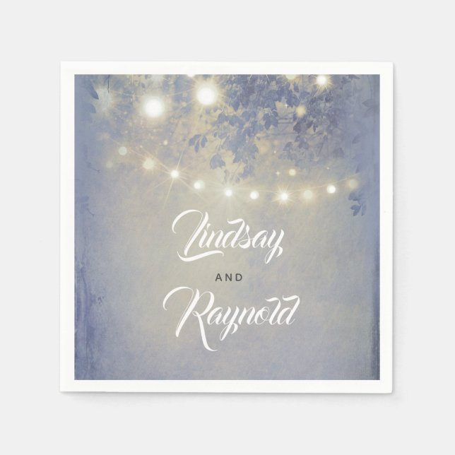 Rustic Garden and String of Lights Dusty Blue Napkin (Front)