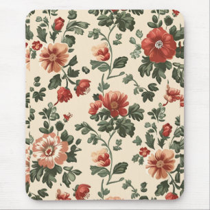 Rustic Garden Bloom – Vintage Red Floral Pattern Mouse Mat