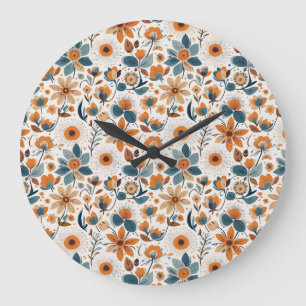 Rustic Garden Floral Folk Art Illustration Spring Large Clock
