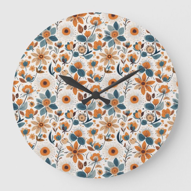 Rustic Garden Floral Folk Art Illustration Spring  Large Clock (Front)