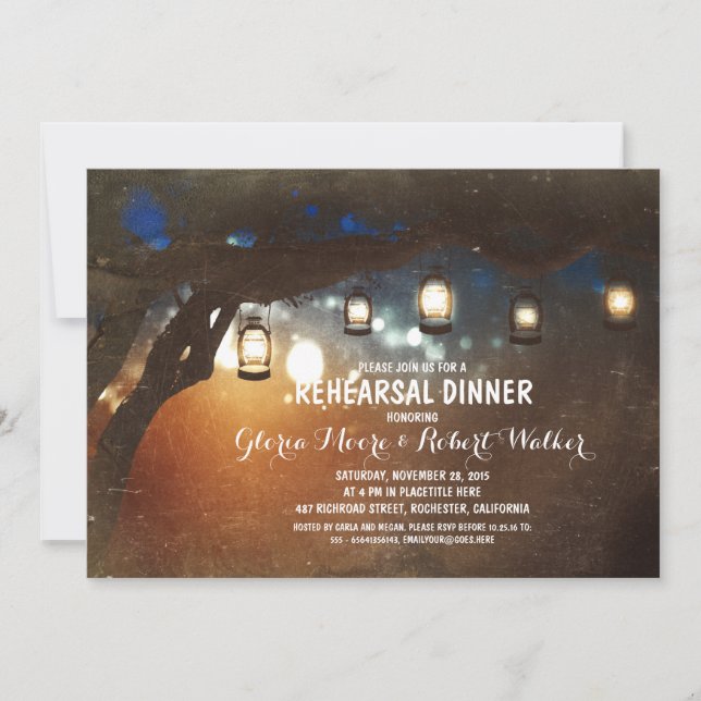 rustic garden lights lanterns rehearsal dinner invitation (Front)