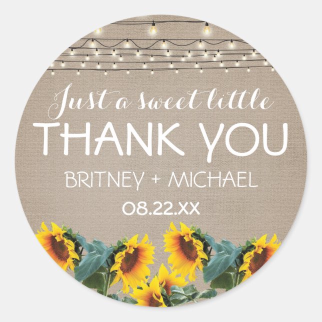 Rustic Garden Sunflowers Lights Wedding Favour Classic Round Sticker (Front)
