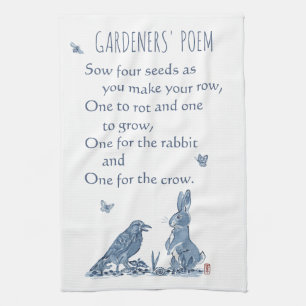 Rustic Gardener's Poem Blue & White Rabbit Crow Tea Towel